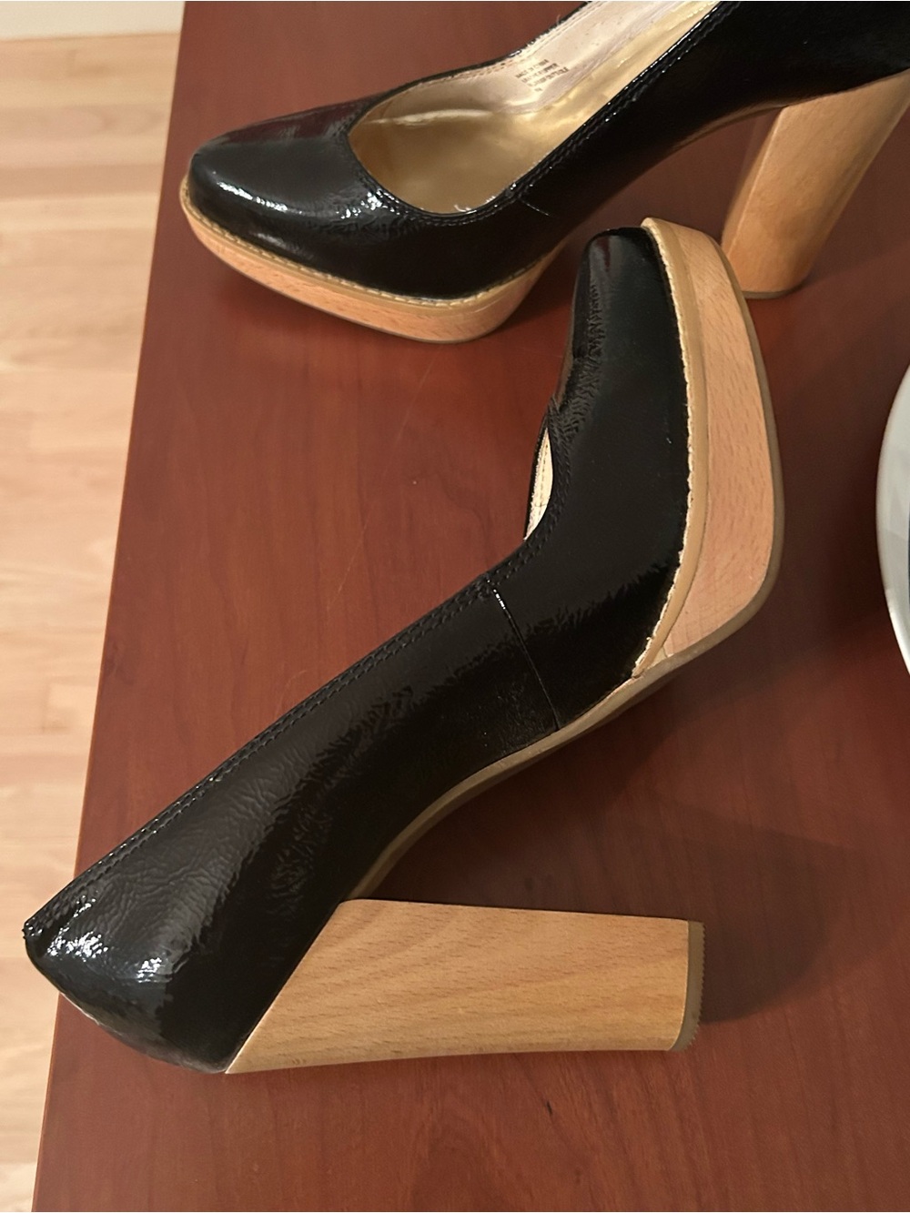 Michael Kors Classic Black Patent Platform Pump with Wood-Tone Block Heel - Picture 6 of 7